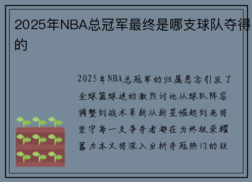 2025年NBA总冠军最终是哪支球队夺得的